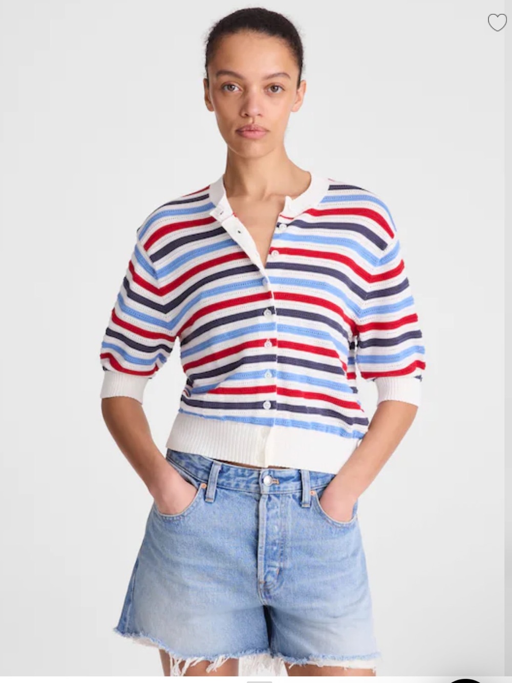 Madewell Textured Short-Sleeve Cardigan in 100% Cotton - Ivory,Red, Blue & White